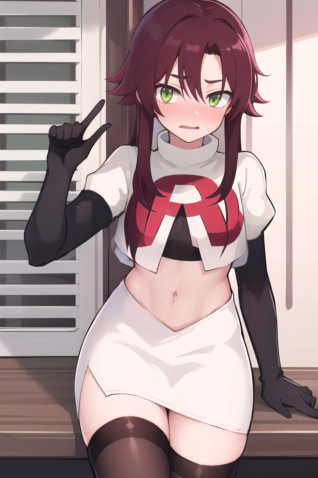 masterpiece, absurdres, Shikanoin Heizou, green eyes,male focus, trap, crossdressing,1boy,team rocket,team rocket uniform,white skirt,red letter R,crop top,black thigh-highs,black elbow gloves, embarrassed, blush