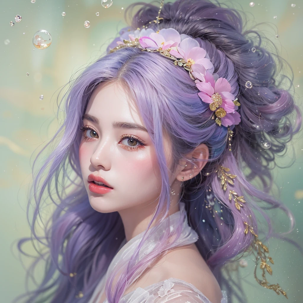 （（（Single eyelid）））Snow hoop exclusion area 32K（tmasterpiece，k hd，hyper HD，32K）Long flowing purple-pink hair，Autumn Pond，zydink， a color， Tongzhou people （Girl with glowing eyes）， （Thin silk scarf）， Side squat position， looking at the ground， long whitr hair， Floating hair， Python headdress， Chinese long-sleeved clothing， （abstract ink splash：1.2）， white backgrounid，Lotus protector（realisticlying：1.4），Purple-pink hair，Snowflakes fluttering，The background is pure， A high resolution， the detail， RAW photogr， Sharp Re， Nikon D850 Film Stock Photo by Jefferies Lee 4 Kodak Portra 400 Camera F1.6 shots, Rich colors, ultra-realistic vivid textures, Dramatic lighting, Unreal Engine Art Station Trend, cinestir 800，Long flowing purple-pink hair，((masterpiece)). This artwork is sweet, dreamy and ethereal, with soft pink watercolor hues and candy accents. Generate a delicate and demure fae exploring a (bubblegum world with a wide variety of pastel shades). Her sweet face is extremely detailed and realistic with elegant features and a fierce expression, and looks like ((((naomi scott)))). Include mature features and stunning, highly realistic eyes. Her eyes are important and should be realistic, highly detailed, and beautiful. In high definition and detail, include lots of details like stars, galaxies, colorful bubbles, colorful petals, and lots of energy and emotion! The stars and colorful bubblegum bubbles are important! Include fantasy details, enhanced details, iridescence, colorful glittering wind, and pollen. Pay special attention to her face and make sure it is beautifully and realistically detailed. The image should be dreamy and ethereal.8k, intricate, elegant, highly detailed, majestic, digital photography