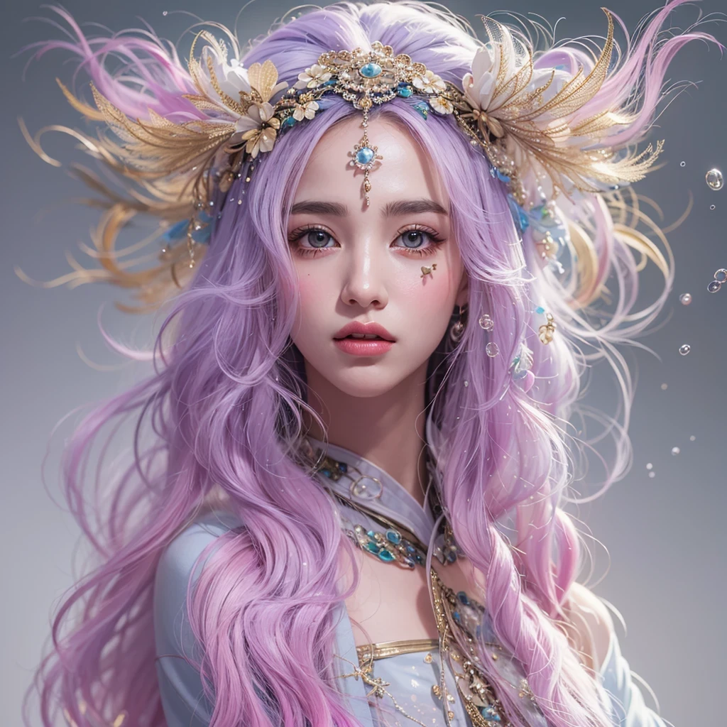 (((Single eyelid)))Snow hoop exclusion area 32K(tmasterpiece,k hd,hyper HD,32K)Long flowing purple-pink hair,Autumn Pond,zydink, a color, Tongzhou people (Girl with glowing eyes), (Thin silk scarf), Side squat position, looking at the ground, long whitr hair, Floating hair, Python headdress, Chinese long-sleeved clothing, (abstract ink splash:1.2), white backgrounid,Lotus protector(realisticlying:1.4),Purple-pink hair,Snowflakes fluttering,The background is pure, A high resolution, the detail, RAW photogr, Sharp Re, Nikon D850 Film Stock Photo by Jefferies Lee 4 Kodak Portra 400 Camera F1.6 shots, Rich colors, ultra-realistic vivid textures, Dramatic lighting, Unreal Engine Art Station Trend, cinestir 800,Long flowing purple-pink hair,((masterpiece)). This artwork is sweet, dreamy and ethereal, with soft pink watercolor hues and candy accents. Generate a delicate and demure fae exploring a (bubblegum world with a wide variety of pastel shades). Her sweet face is extremely detailed and realistic with elegant features and a fierce expression, and looks like ((((naomi scott)))). Include mature features and stunning, highly realistic eyes. Her eyes are important and should be realistic, highly detailed, and beautiful. In high definition and detail, include lots of details like stars, galaxies, colorful bubbles, colorful petals, and lots of energy and emotion! The stars and colorful bubblegum bubbles are important! Include fantasy details, enhanced details, iridescence, colorful glittering wind, and pollen. Pay special attention to her face and make sure it is beautifully and realistically detailed. The image should be dreamy and ethereal.8k, intricate, elegant, highly detailed, majestic, digital photography