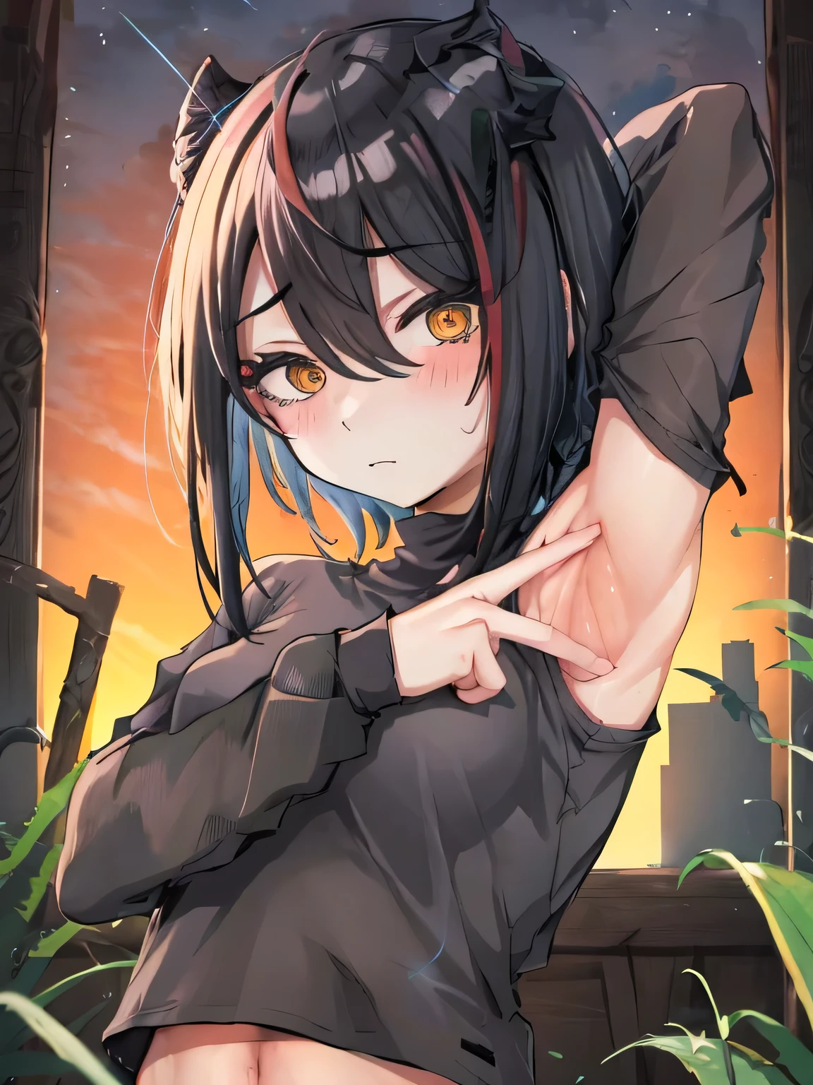 nayuta, 1girl, solo, black t-shirt, long sleeves, collarbone, navel, ringed eyes, red eyes, hair between eyes, short hair, black hair, looking at viewer, arms behind head, closed mouth, night sky, forest, spread armpits, midriff, contrapposto, upper body, blush, expressionless,