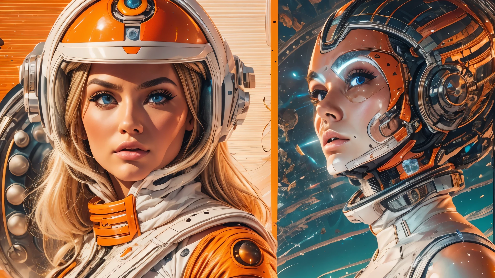 arafed image of a white woman in a futuristic suit with a spaceship in the background, movie art, in front of an orange background, inspired by Robert McGinnis, female protagonist, megastructure in the background, portrait of an ai astronaut, astronauts, an astronaut, portrait of a astronaut skeletor, perfect android girl, detailed eyes, perfectly detailed teeth, frank franzzeta and sakimichan
