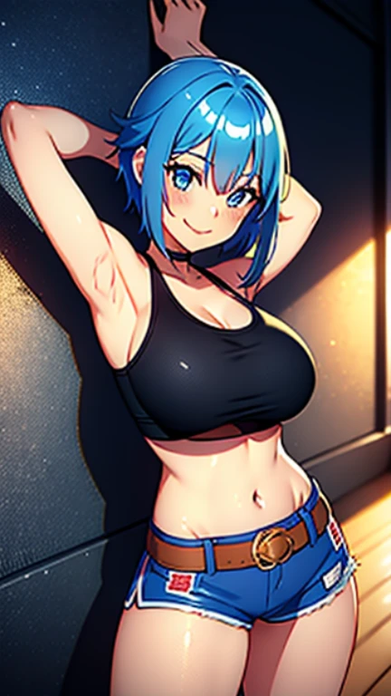 ({High-precision drawing in every detail} Extremely high-precision drawing), {High resolution}, [[blank background]], perfect anime girl, 1girl, solo, {tall girl}, standing, full body, full_body, looking at viewer, modeling pose, short hair, bluehair, bluehead, (blue hair shines and intense), Sapphire blue hair, red eyes, :), smiling, happy face, large breasts, top breast, underboob, navel, {Viking tattoo on the entire arm}, crop top, {{heart tattoo on waist}}, shorts, bike shorts, {{dragon figure in shorts}},  belt, long legs, skate sports shoes, Visual Illustration, sole_female, kawai, 