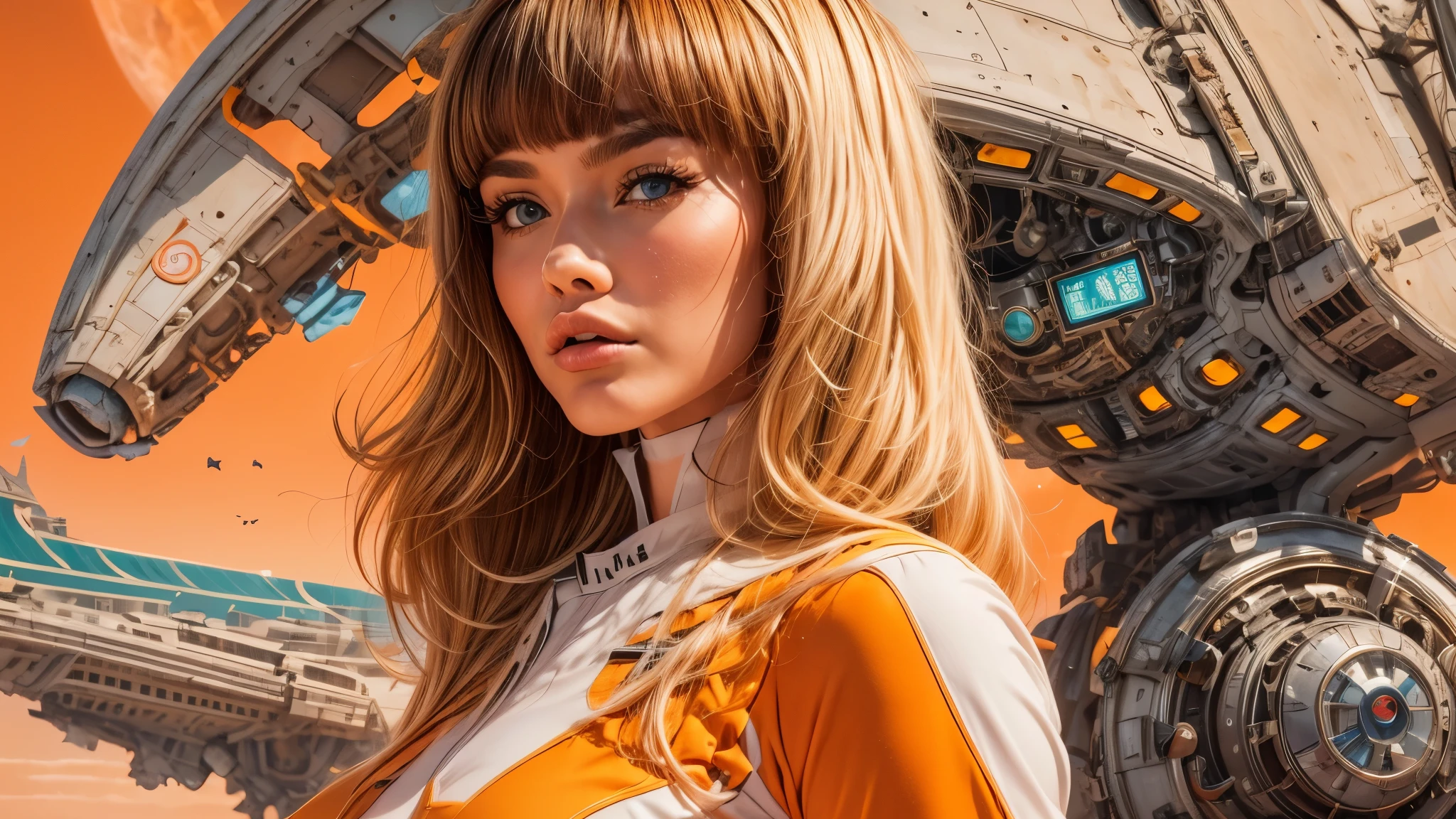arafed image of a white woman in a futuristic suit with a spaceship in the background, movie art, in front of an orange background, inspired by Robert McGinnis, female protagonist, megastructure in the background, portrait of an ai astronaut, astronauts, an astronaut, portrait of a astronaut skeletor, perfect android girl, detailed eyes, perfectly detailed teeth, frank franzzeta and sakimichan