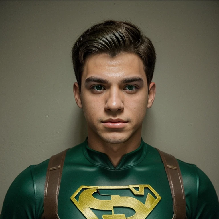 Male superhero, Adolescente, com cabelo transado, olhos brancos, uniforme verde