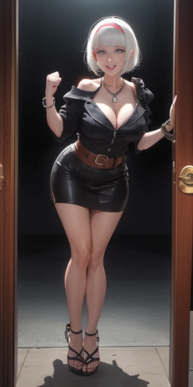 A single (Mature MILF BIMBO with albino skin and short white hair), (whole body) Perfect face, Wearing a tight leather bandage,  (Sagging breasts、Cleavage, cleveage、Thick thighs)), Perfect body, , Lustful giggle with red cheeks, chain belt, Kneel down, shackles, Leather black collar, ((black background)) With glass door knocker, Glass window fog water droplets, Metal handcuffs clenched fist, Black necklace, High Leg Raise, Long legs, Metal ankle, Metal sandals, metal shoulder, Standing upright on the glass