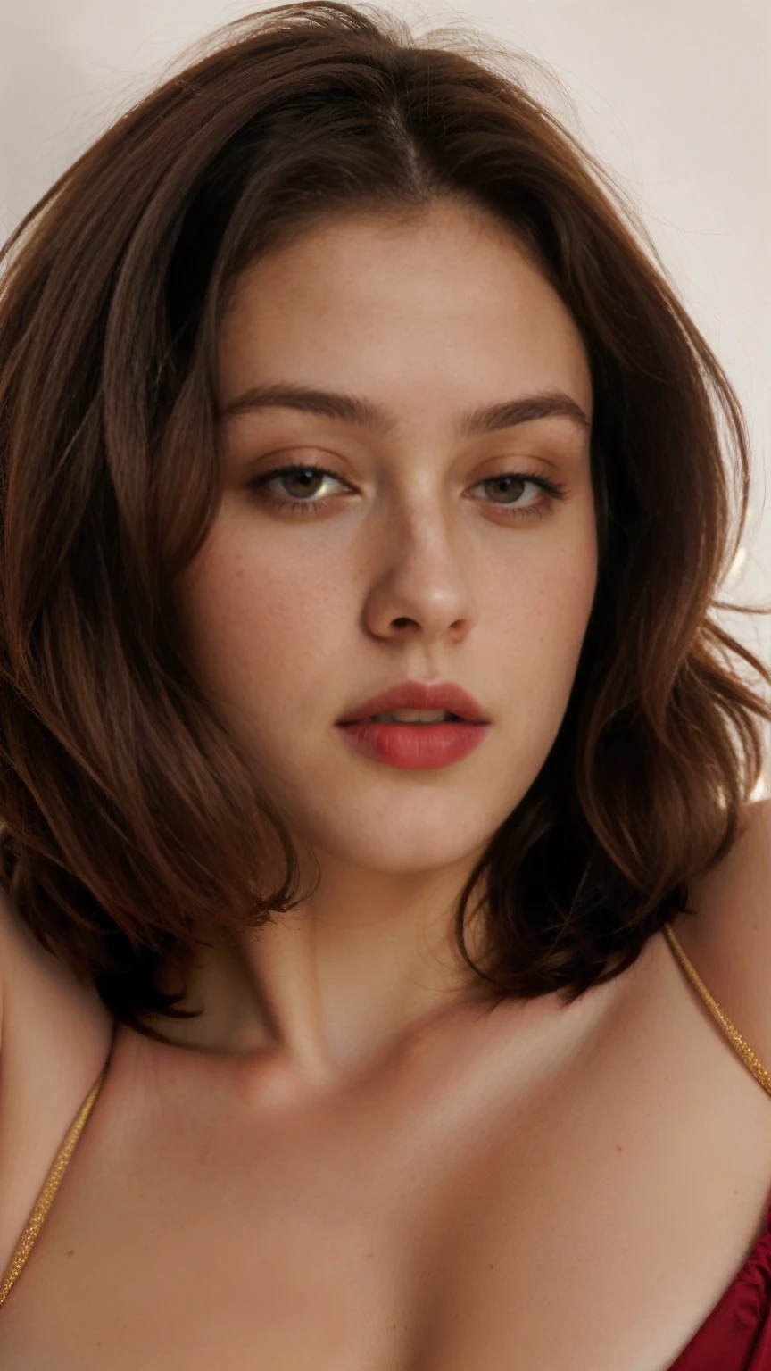 realistic, Beautiful woman with short hair , Beautiful lady, dark red makeup, hyper detailed photography, soft light, full portrait, cover, big breast, breast detailed, best quality, (beautiful face detailed, detail skin texture, ultra-detailed body:1.1) brown hair , Hazel Eyes 26 Years women,