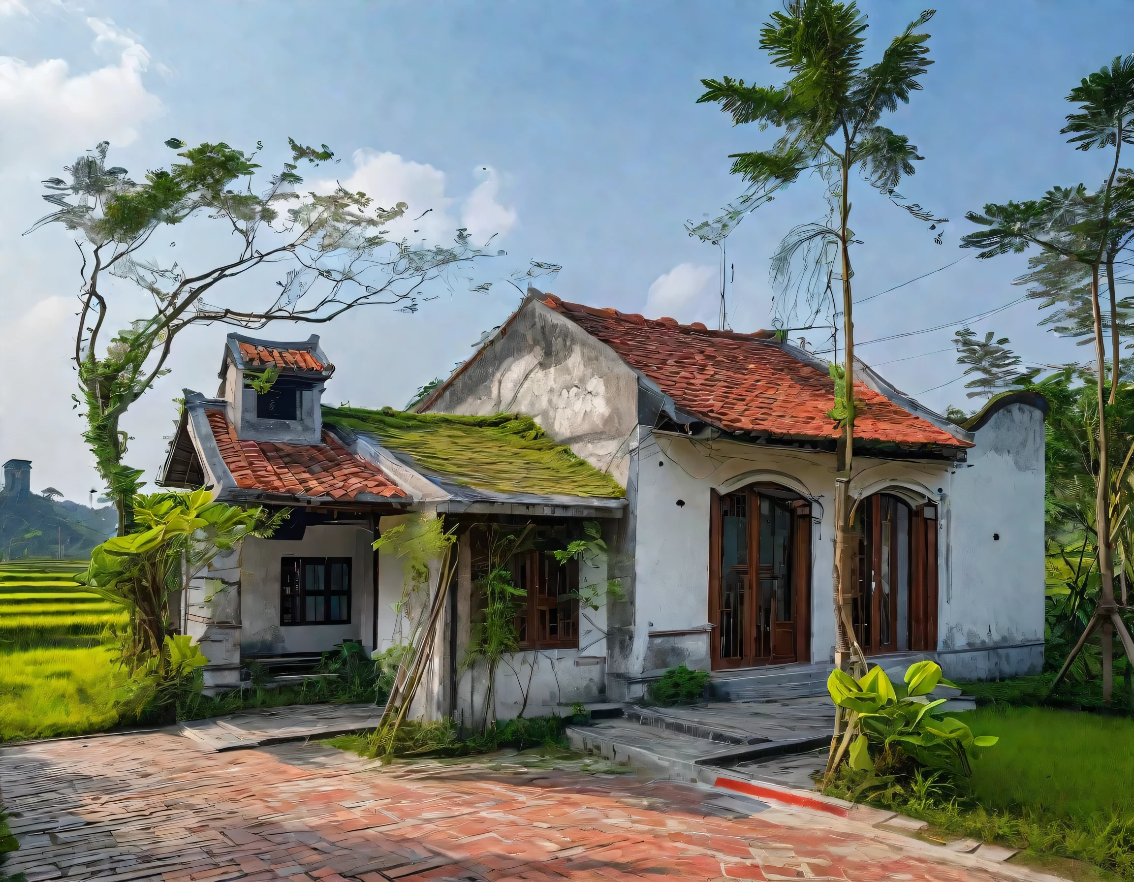 raw photo, ancient house, Vietnamese countryside, beautiful and bright sunlight, red tiled roof, mossy walls, weathered brick floor, ancient, nostalgic atmosphere, super quality, masterpiece, super sharp and realistic
