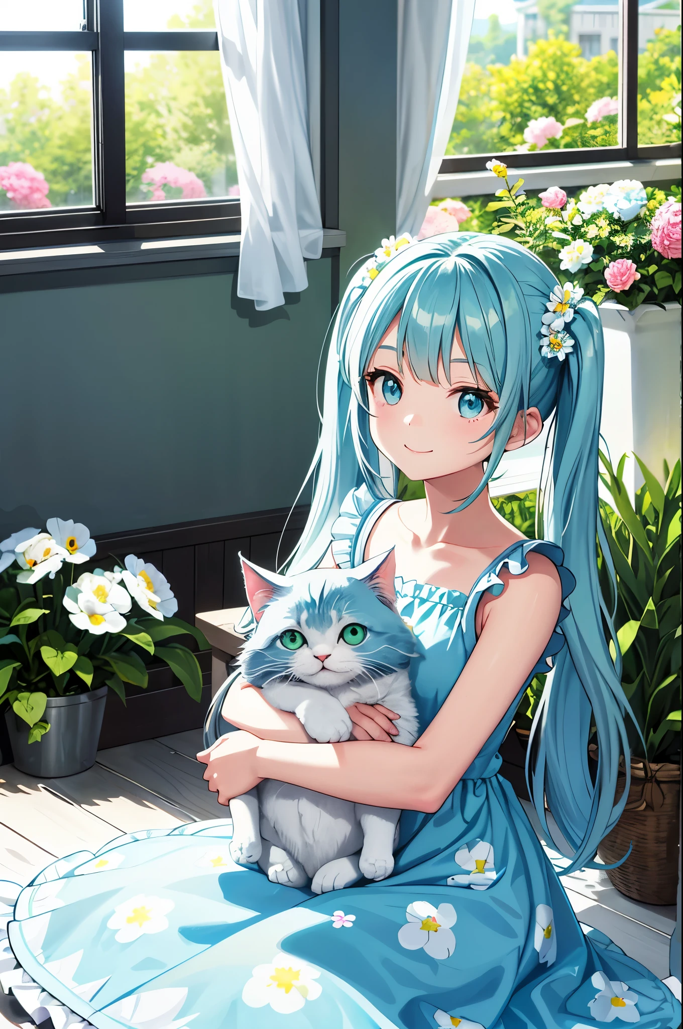 Light blue long hair、Beautiful girl with twin tails、Bright smile、Dark Eyes，Holding a kitten，Green and white cat print dress、A bright, sunny room、Face with clear contours，room full of flowers、Outside the window, fresh greenery and flower petals flutter
