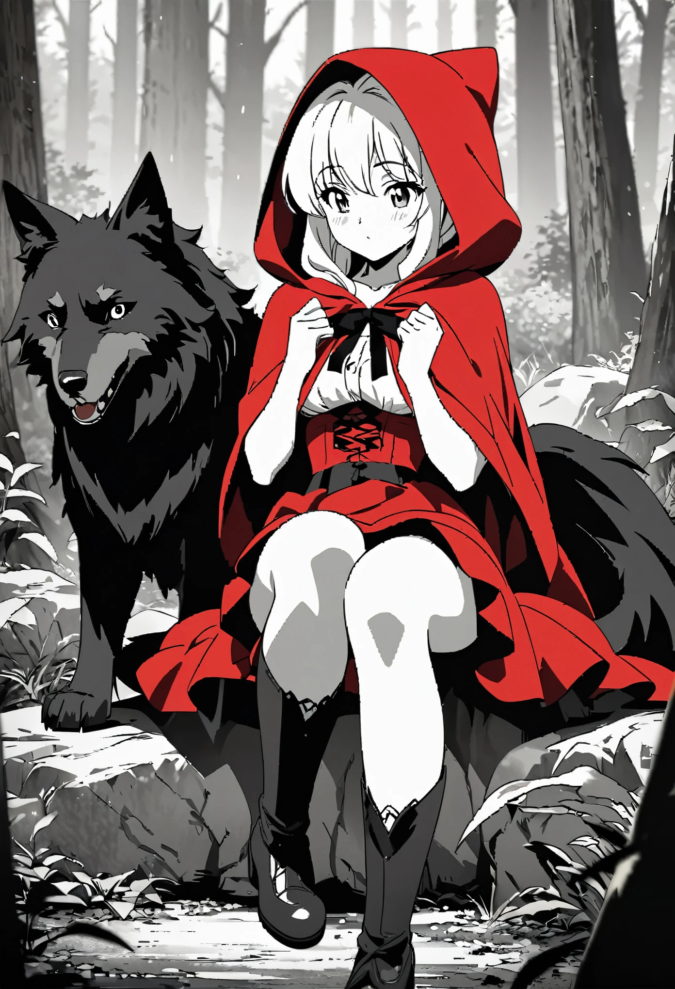 top quality, best quality, highres, unparalleled masterpiece, perfect artwork, paid reward available, anime girl in red riding hood sitting on rock in forest, an anime drawing by Shitao, pixiv, fantasy art, grayscale phtoto with red dress, red riding hood, dressed in a beautiful red cloak, wolf, little red riding hood, thief red riding hood, beautiful anime art style, high quality anime art, high quality anime artstyle, at pixiv, monochrome,