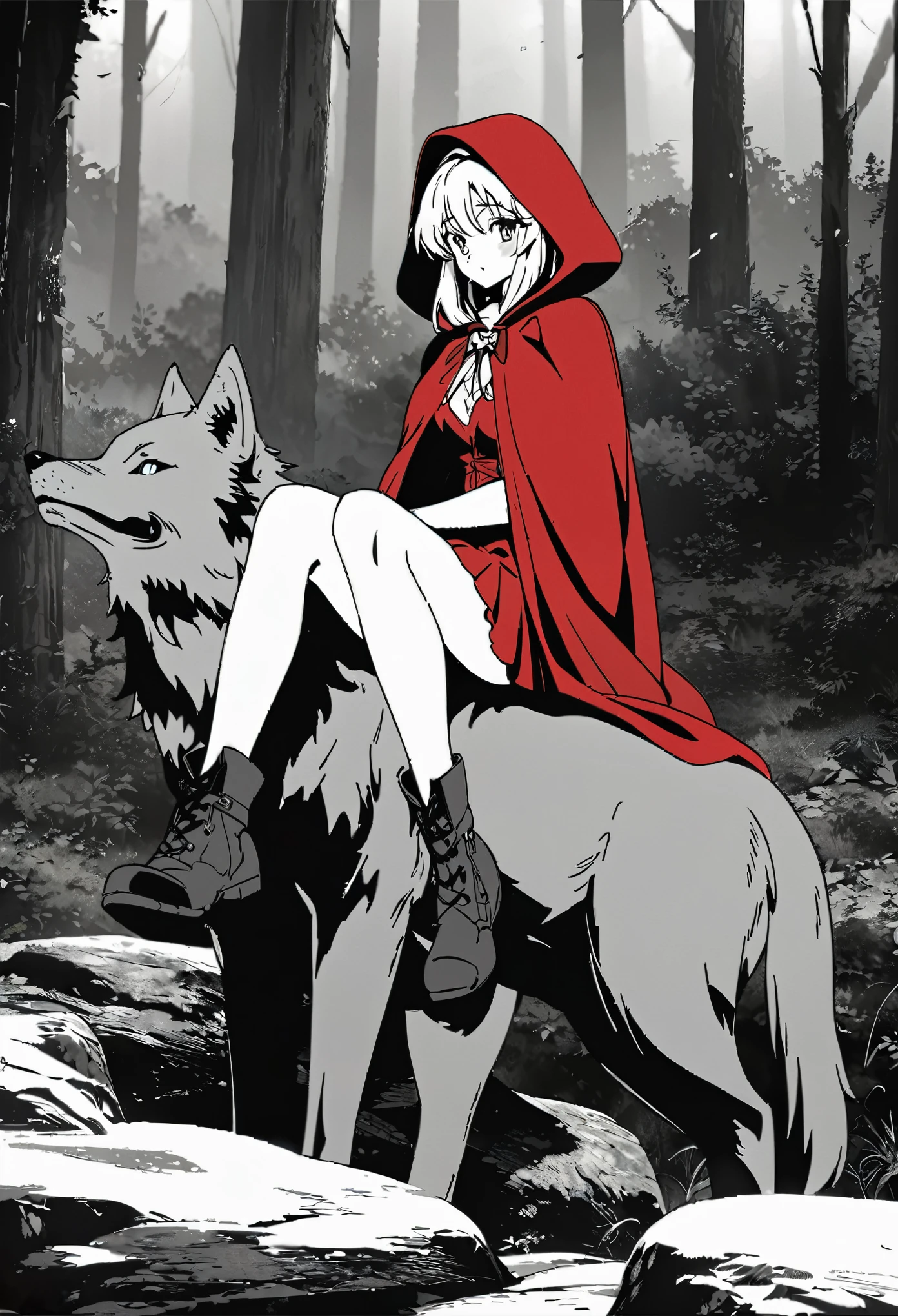 top quality, best quality, highres, unparalleled masterpiece, perfect artwork, paid reward available, anime girl in red riding hood sitting on rock in forest, an anime drawing by Shitao, pixiv, fantasy art, grayscale phtoto with red dress, red riding hood, dressed in a beautiful red cloak, wolf, little red riding hood, thief red riding hood, beautiful anime art style, high quality anime art, high quality anime artstyle, at pixiv, monochrome,