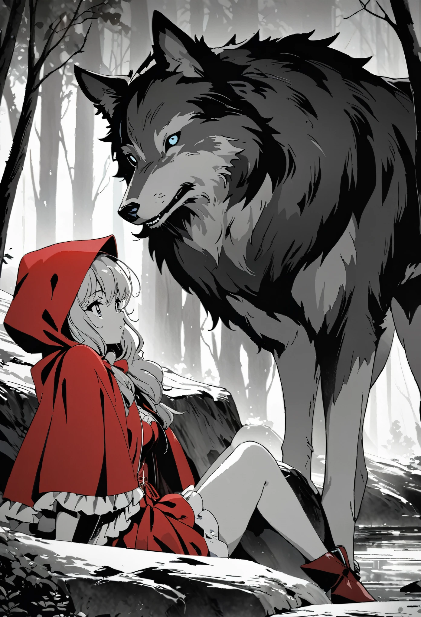 top quality, best quality, highres, unparalleled masterpiece, perfect artwork, paid reward available, anime girl in red riding hood sitting on rock in forest, an anime drawing by Shitao, pixiv, fantasy art, grayscale phtoto with red dress, red riding hood, dressed in a beautiful red cloak, wolf, little red riding hood, thief red riding hood, beautiful anime art style, high quality anime art, high quality anime artstyle, at pixiv, monochrome,