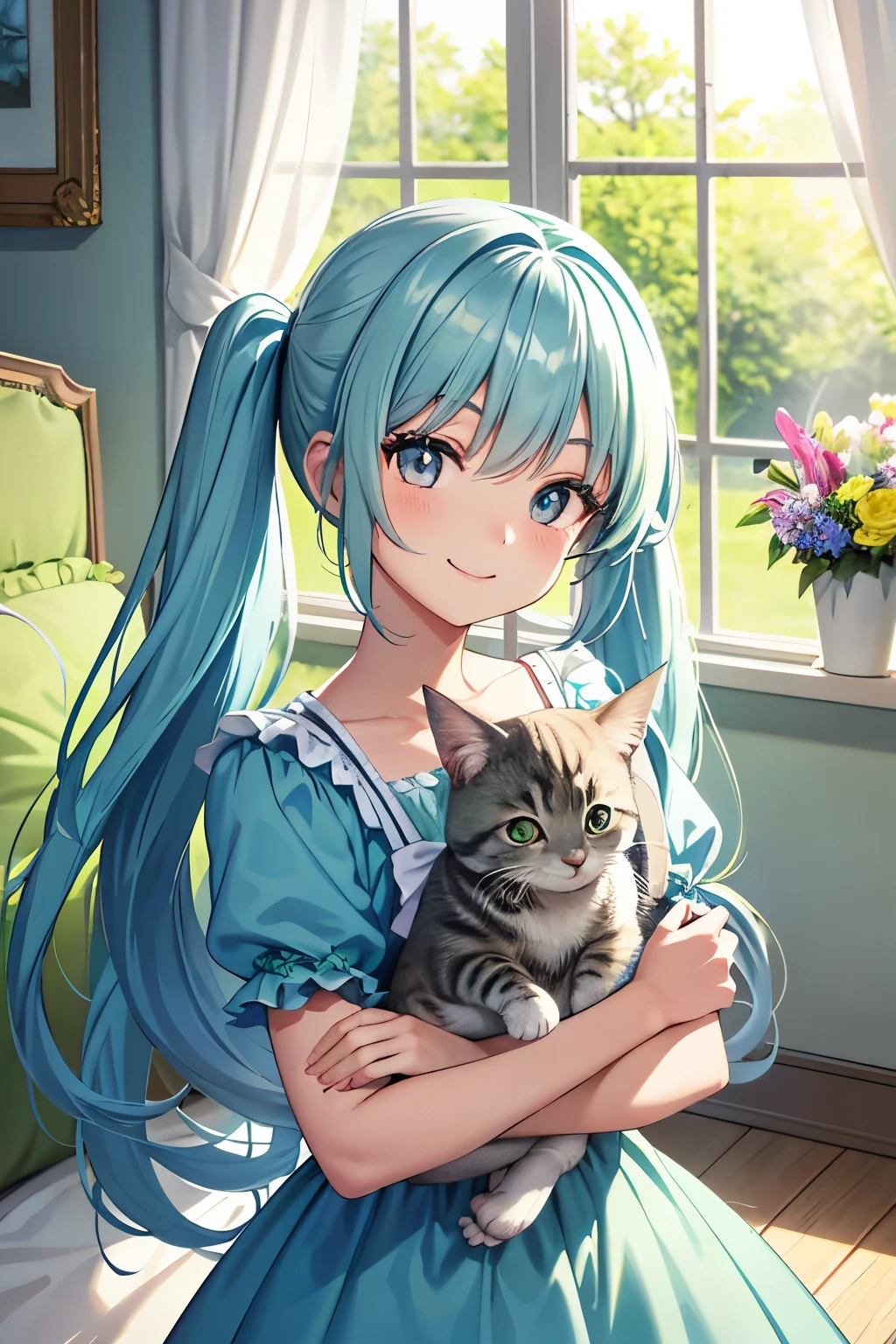 Light blue long hair、Beautiful girl with twin tails、Bright smile、Dark Eyes,Holding a kitten,Green Dress、A bright, sunny room、Face with clear contours,room full of flowers、Outside the window, fresh greenery and flower petals flutter