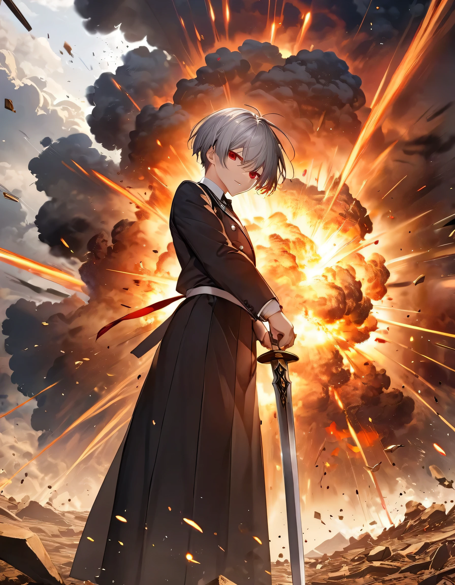 perfect anatomy, masterpiece:1.4, best highres, 16k, (battle style), (in the battlefield), (the background is Big Explosion:1.4), BREAK,
(both hands holding divine thin sword, gripping divine thin sword in both hands) (solo:1.3 silver short hair divine boy), ((16 yo)), (detailed red eyes), (painful face), break, (in a butler uniform).