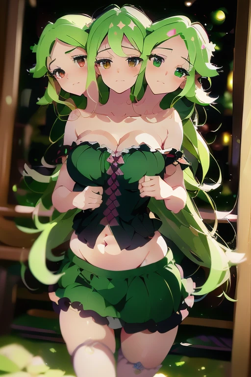 (masterpiece, best quality), best quality, best resolution, (ultra-detailed), (3heads:1.5), 1girl, (fuma mishandra:1.3), masterpiece, best quality, ultra quality, ultra resolution, ultra detail, black top, crop top, ((stomach)), midriff, ((groin)), black skirt, miniskirt, normal ears, shackles, green hair, very long hair, wavy hair, sidelocks, green eyes, parted lips, open belly, sweat, cute, toned belly, hand on own chest, eyelashes, (24 year old woman:1.3), (masterpiece:1.5), (best quality:1.5), (beautiful detailed), extremely detailed CG, extremely delicate and beautiful, depth of field, (finely detailed face), (perfect details:1.2), ( female:1.3), wide pelvis, slender, large veiny breastresolution, highres, high quality, high definition, extremely detailed, masterpiece, green hair, long hair, alluring presence, twin braid, short skirt, close up, big tits, yol with three heads,