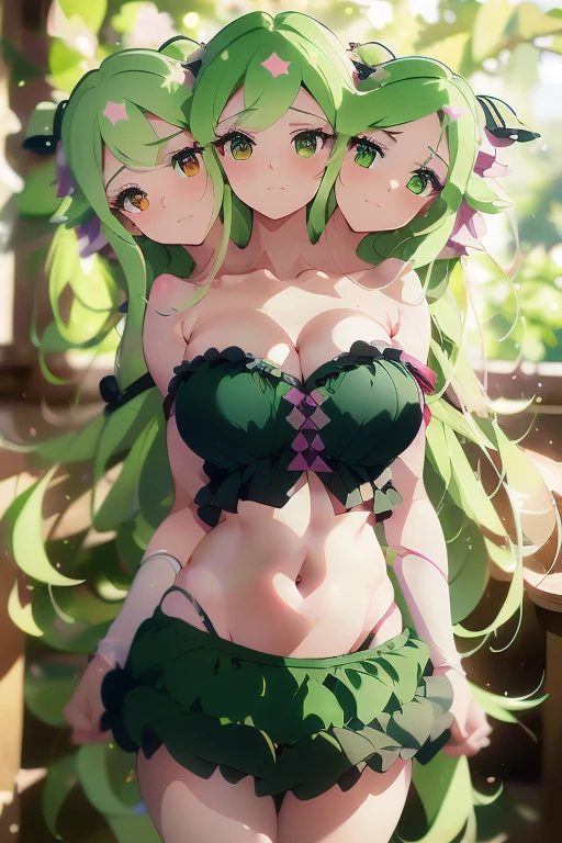 (masterpiece, best quality), best quality, best resolution, (ultra-detailed), (3heads:1.5), 1girl, (fuma mishandra:1.3), masterpiece, best quality, ultra quality, ultra resolution, ultra detail, black top, crop top, ((stomach)), midriff, ((groin)), black skirt, miniskirt, normal ears, shackles, green hair, very long hair, wavy hair, sidelocks, green eyes, parted lips, open belly, sweat, cute, toned belly, hand on own chest, eyelashes, (24 year old woman:1.3), (masterpiece:1.5), (best quality:1.5), (beautiful detailed), extremely detailed CG, extremely delicate and beautiful, depth of field, (finely detailed face), (perfect details:1.2), (mature female:1.3), wide pelvis, slender, large veiny breast, 16k resolution, highres, high quality, high definition, extremely detailed, masterpiece, green hair, long hair, alluring presence, twin braid, short skirt, close up, big tits, young, girl with three heads,