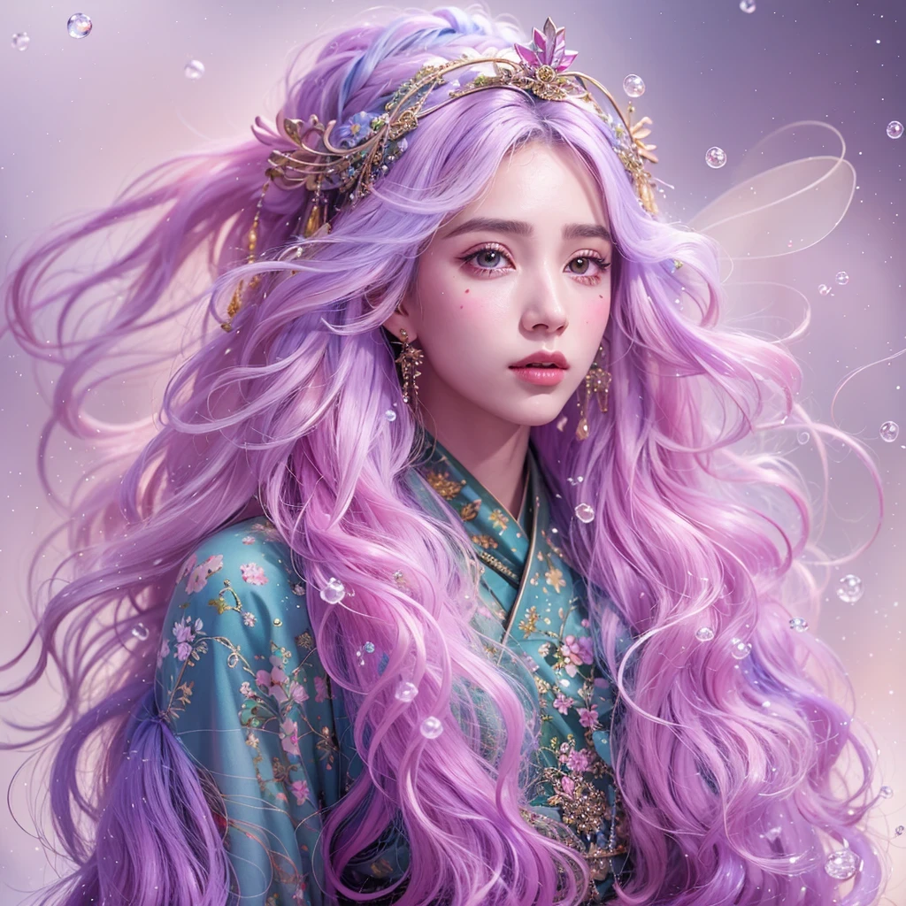 (((Single eyelid)))Snow hoop exclusion area 32K(tmasterpiece,k hd,hyper HD,32K)Long flowing purple-pink hair,Autumn Pond,zydink, a color, Tongzhou people (Girl with glowing eyes), (Thin silk scarf), Side squat position, looking at the ground, long whitr hair, Floating hair, Python headdress, Chinese long-sleeved clothing, (abstract ink splash:1.2), white backgrounid,Lotus protector(realisticlying:1.4),Purple-pink hair,Snowflakes fluttering,The background is pure, A high resolution, the detail, RAW photogr, Sharp Re, Nikon D850 Film Stock Photo by Jefferies Lee 4 Kodak Portra 400 Camera F1.6 shots, Rich colors, ultra-realistic vivid textures, Dramatic lighting, Unreal Engine Art Station Trend, cinestir 800,Long flowing purple-pink hair,((masterpiece)). This artwork is sweet, dreamy and ethereal, with soft pink watercolor hues and candy accents. Generate a delicate and demure fae exploring a (bubblegum world with a wide variety of pastel shades). Her sweet face is extremely detailed and realistic with elegant features and a fierce expression, and looks like ((((naomi scott)))). Include mature features and stunning, highly realistic eyes. Her eyes are important and should be realistic, highly detailed, and beautiful. In high definition and detail, include lots of details like stars, galaxies, colorful bubbles, colorful petals, and lots of energy and emotion! The stars and colorful bubblegum bubbles are important! Include fantasy details, enhanced details, iridescence, colorful glittering wind, and pollen. Pay special attention to her face and make sure it is beautifully and realistically detailed. The image should be dreamy and ethereal.8k, intricate, elegant, highly detailed, majestic, digital photography