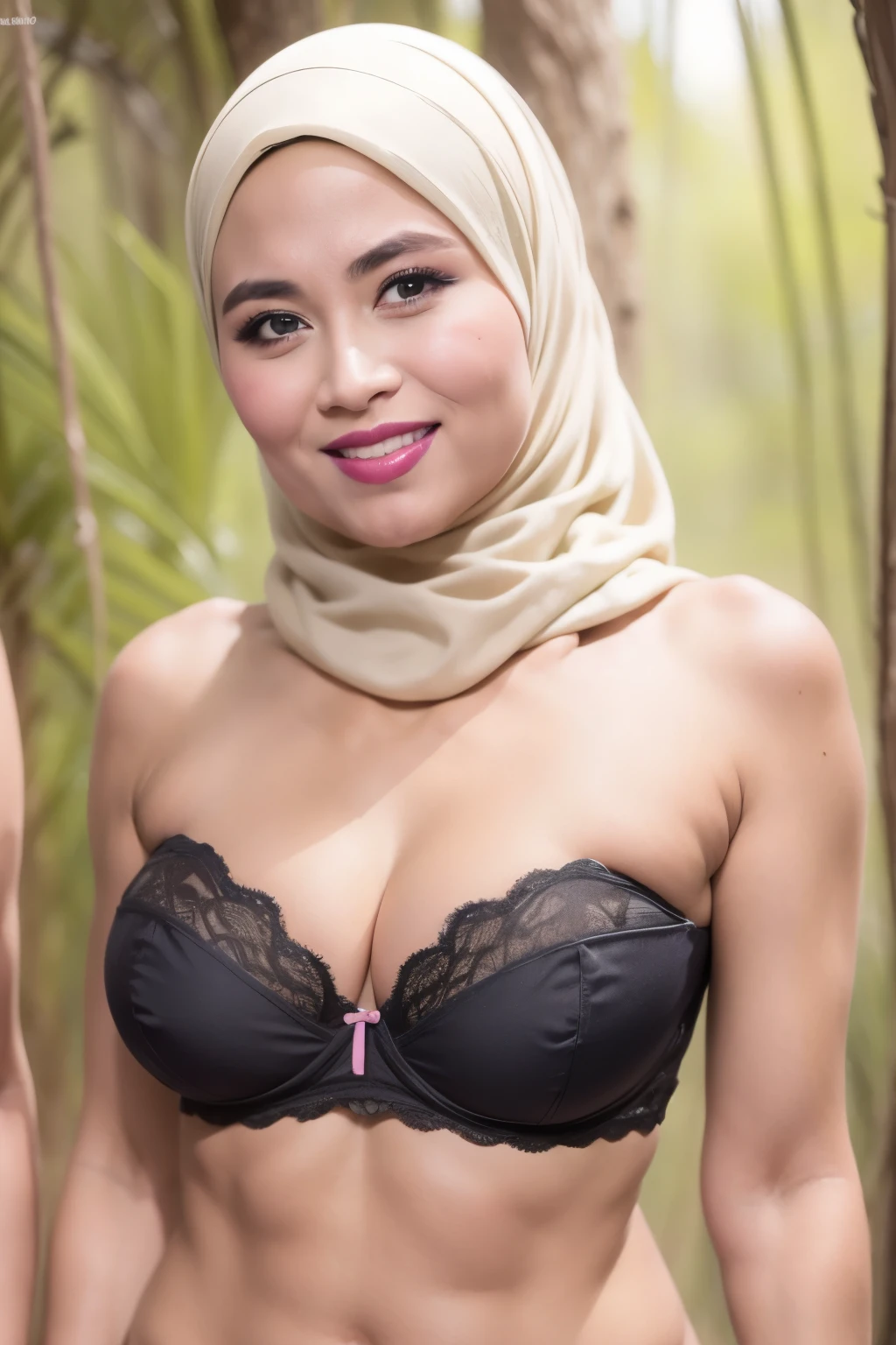 (HAPPY SMILE), (Wearing Strapless Colorful Bra), see-through T-shirt, ((A MILF:1.4)), ((WEARING LINGERIE BRA)), Coats, Shiny Breasts, ((Hijab)), ((62 years old)), "Plumpers", ("Orange Hijab Floral pattern Naked"), "G-String & Thong", "Oki Setiana Dewi", ("Rainbow Hijab Floral pattern Naked"), Chubby Wearing Lace Bra & Short Hairy Pussy, "Facial expression in Happy Smile", "Rainbow", "Blue Lips", "Bokeh", "Very Happy facial reaction", (Heavy Huge Breasts Tits), Background naked in the forest , fat chubby, bokeh , huge NIPPLES , fat chubby fatty, midnight blues, butts