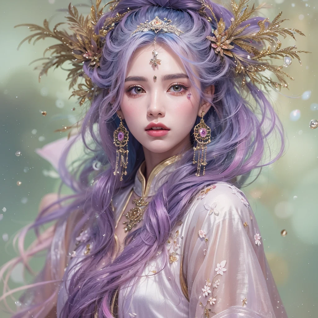 （（（Single eyelid）））Snow hoop exclusion area 32K（tmasterpiece，k hd，hyper HD，32K）Long flowing purple-pink hair，Autumn Pond，zydink， a color， Tongzhou people （Girl with glowing eyes）， （Thin silk scarf）， Side squat position， looking at the ground， long whitr hair， Floating hair， Python headdress， Chinese long-sleeved clothing， （abstract ink splash：1.2）， white backgrounid，Lotus protector（realisticlying：1.4），Purple-pink hair，Snowflakes fluttering，The background is pure， A high resolution， the detail， RAW photogr， Sharp Re， Nikon D850 Film Stock Photo by Jefferies Lee 4 Kodak Portra 400 Camera F1.6 shots, Rich colors, ultra-realistic vivid textures, Dramatic lighting, Unreal Engine Art Station Trend, cinestir 800，Long flowing purple-pink hair，((masterpiece)). This artwork is sweet, dreamy and ethereal, with soft pink watercolor hues and candy accents. Generate a delicate and demure fae exploring a (bubblegum world with a wide variety of pastel shades). Her sweet face is extremely detailed and realistic with elegant features and a fierce expression, and looks like ((((naomi scott)))). Include mature features and stunning, highly realistic eyes. Her eyes are important and should be realistic, highly detailed, and beautiful. In high definition and detail, include lots of details like stars, galaxies, colorful bubbles, colorful petals, and lots of energy and emotion! The stars and colorful bubblegum bubbles are important! Include fantasy details, enhanced details, iridescence, colorful glittering wind, and pollen. Pay special attention to her face and make sure it is beautifully and realistically detailed. The image should be dreamy and ethereal.8k, intricate, elegant, highly detailed, majestic, digital photography