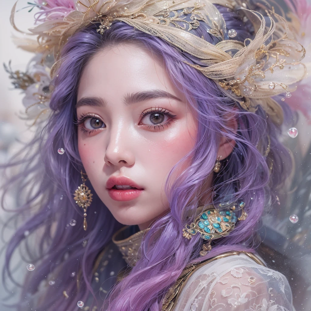 （（（Single eyelid）））Snow hoop exclusion area 32K（tmasterpiece，k hd，hyper HD，32K）Long flowing purple-pink hair，Autumn Pond，zydink， a color， Tongzhou people （Girl with glowing eyes）， （Thin silk scarf）， Side squat position， looking at the ground， long whitr hair， Floating hair， Python headdress， Chinese long-sleeved clothing， （abstract ink splash：1.2）， white backgrounid，Lotus protector（realisticlying：1.4），Purple-pink hair，Snowflakes fluttering，The background is pure， A high resolution， the detail， RAW photogr， Sharp Re， Nikon D850 Film Stock Photo by Jefferies Lee 4 Kodak Portra 400 Camera F1.6 shots, Rich colors, ultra-realistic vivid textures, Dramatic lighting, Unreal Engine Art Station Trend, cinestir 800，Long flowing purple-pink hair，((masterpiece)). This artwork is sweet, dreamy and ethereal, with soft pink watercolor hues and candy accents. Generate a delicate and demure fae exploring a (bubblegum world with a wide variety of pastel shades). Her sweet face is extremely detailed and realistic with elegant features and a fierce expression, and looks like ((((naomi scott)))). Include mature features and stunning, highly realistic eyes. Her eyes are important and should be realistic, highly detailed, and beautiful. In high definition and detail, include lots of details like stars, galaxies, colorful bubbles, colorful petals, and lots of energy and emotion! The stars and colorful bubblegum bubbles are important! Include fantasy details, enhanced details, iridescence, colorful glittering wind, and pollen. Pay special attention to her face and make sure it is beautifully and realistically detailed. The image should be dreamy and ethereal.8k, intricate, elegant, highly detailed, majestic, digital photography