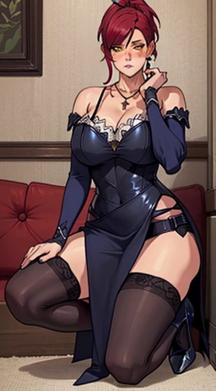 (masterpiece:1.3), (Confused:1.3), (highest quality:1.3),(Perfect Anatomy), (Nipples are visible),Mature Woman、(one person),Beautiful Face、a woman with a strong will,Inner thighs are visible,Spread your legs,Black Stockings,Lace bra,Lace panties,Nipples are visible,A shy smile