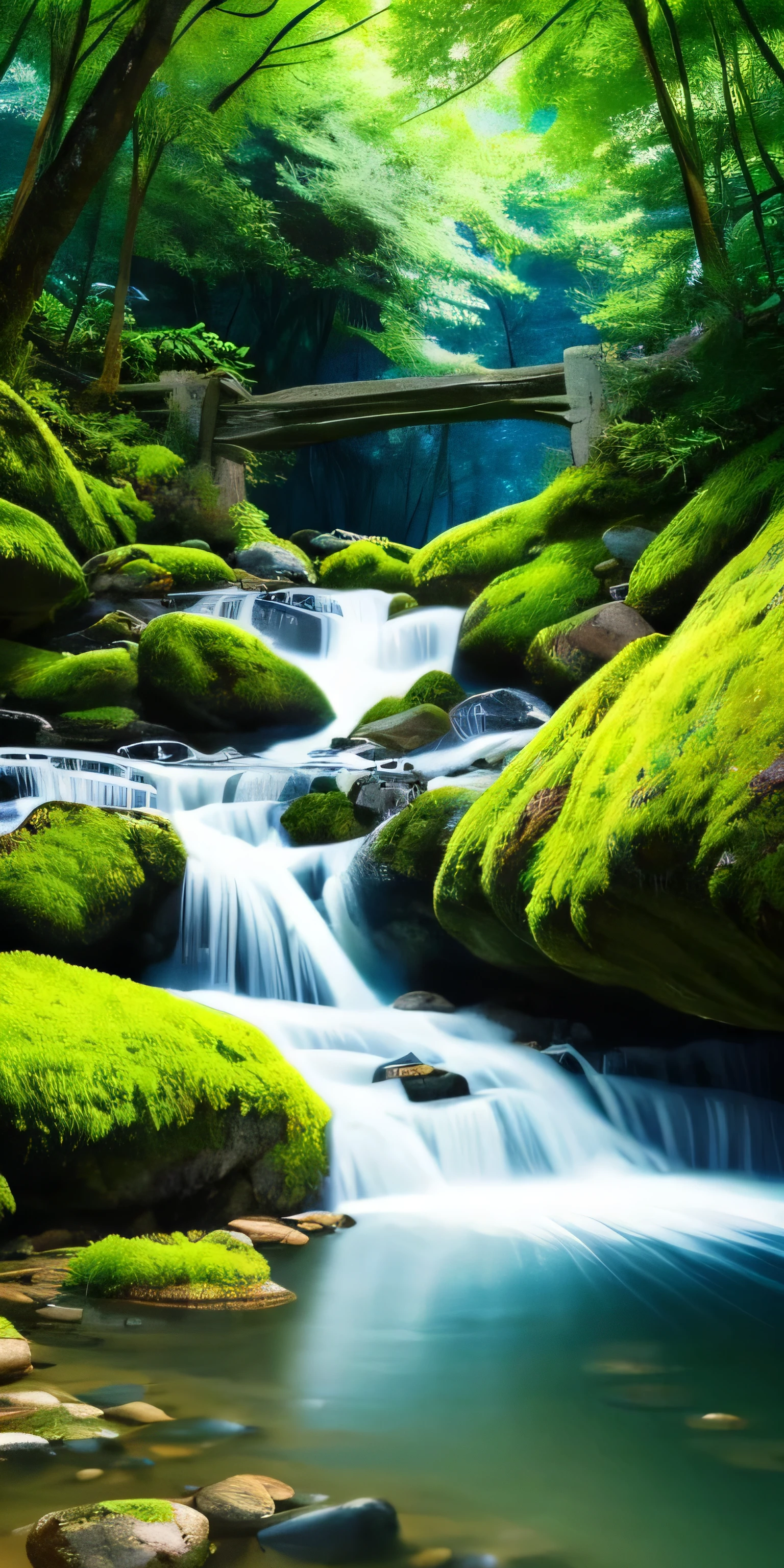 masterpiece, 最high quality, high quality, Very detailed CG unity 8k wallpaper, With vibrant colors and bright skies、an extremely colorful and pure fantasy environment, Bright green grass landscape, colorful trees々, Shining Fruit, Bright blue flowers. The stream is a deep blue color, The air is filled with sweet exotic scents. The environment looks like something out of a dream, Waterfall is flowing、 Award-winning photography, Bokeh, Depth of written boundary, High resolution, bloom, chromatic aberration ,Realistic,Very detailed, Trending on Artstation, Trending on CGSociety, Complex, Attention to detail, dramatic, art：mid journey