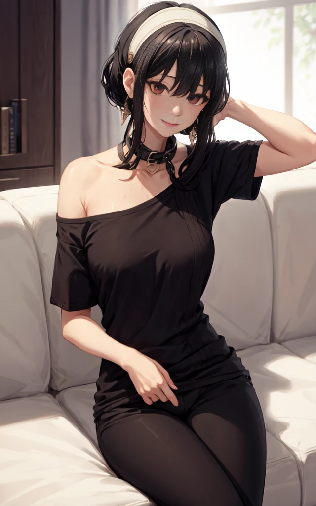 yor forger yor briar,spyxfamily, madsterpiece), black tshirt, tight shirt, baggy sweatpants, sweatpants, cleavege, single shoulder stop, off shoulder, collar bone, white headband, gold earrings, natural makeup, staring at viewer, sitting on couch, bare neck, neck, slight smile, grey sweat pants, naked neck, thigh gap, hand on back of head, mature woman, milf, black hair, 1girl,solo