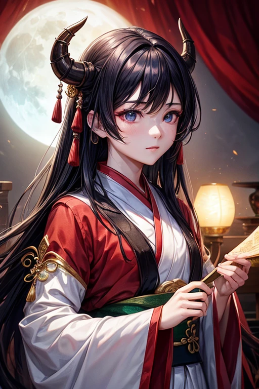 Dragon、young、male、full moon、Hanfu、silhouette、masterpiece、Rich lighting、Portraiture、Old Themes、dream-like、Finely drawn eyes and detailed face