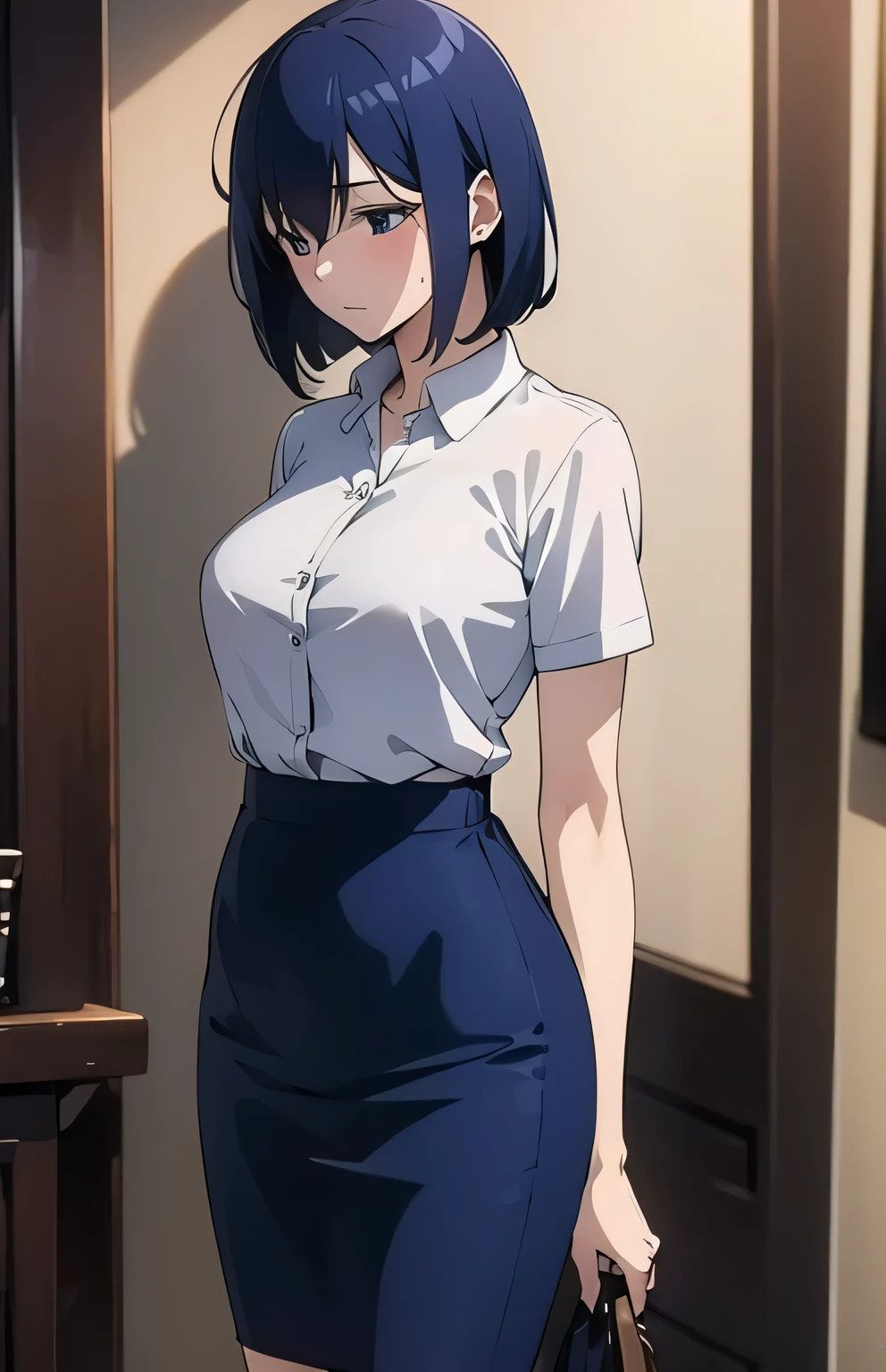 Perfect Naked、Navy Blue Hair、shy。NSFW。Front view、(Female college student, Big Breasts:0.4)、Slim Body。Feminine Blouse、Pencil Skirt、