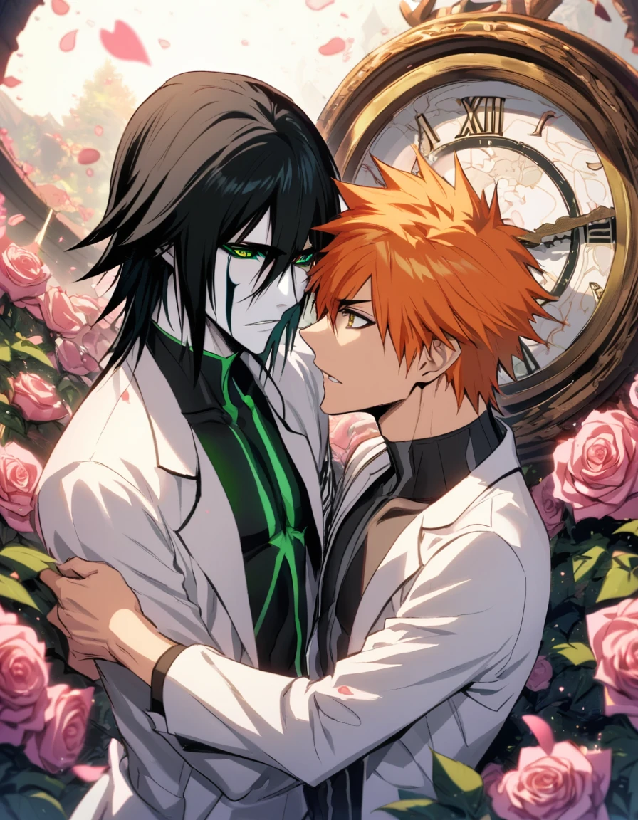 absurdres, highres, ultra detailed, HDR, masterpiece, extremely detailed face and eyes, perfect face, Ulquiorra Cifer, black hair, hair between the eyes, expressive green eyes, Bleach, Kurosaki Ichigo, orange hair, expressive brown eyes, two sexy men together, gay couple, handsome, white coat, tight black shirt, patterns, pink roses, petals, in woderland, clock
