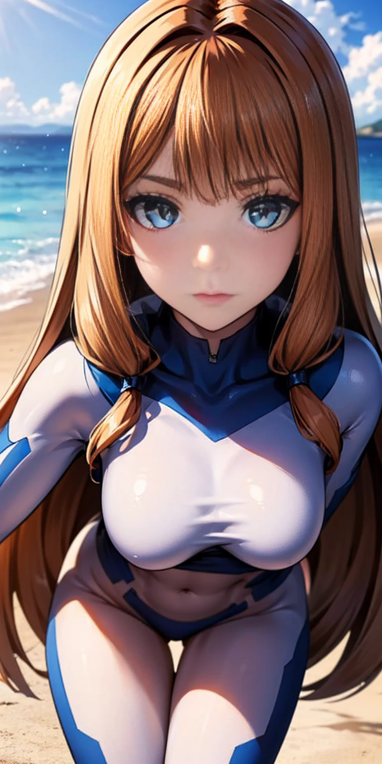 A beautiful girl palying at the beach, (hyperrealistic), (illustration), (high resolution), (8K), (extremely detailed), (best illustration), (best quality), (ultra-detailed), (masterpiece), (wallpaper), (photorealistic), (natural light), (beautiful detailed eyes), (detailed beautiful face), (high detailed realistic skin texture), (anatomically correct), (solo), (1girl), (high detailed realistic hair), (caramel hair), (heterochromic eyes), (detailed eyes), (brown eyes), (sparkling eyes), (realistic big breasts), (slender abs), (dynamic pose), (closed tiny mouth), (concentrated expression), (upon body from head to thigh), (dimple), (beautiful cute Russian woman face), (beautiful cute korean Idol woman face)