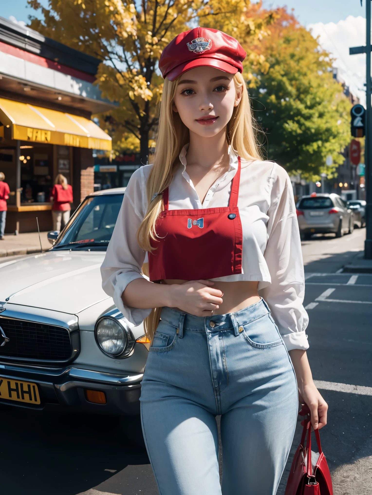 (Masterpiece, Hyperrealistic, 8k, HDR, RAW), ((Natural illumination)), day illumination, sunlight illumination, (((Outside a fast food restaurant))), ((Sunny day)), ((pretty british woman)), british girl, sexy, 21 years old, ((Red apron, white blouse)), ((Denim trousers)), ((Red cap)), ((Blonde straight hair)), ((Fit slim body)), ((blonde hair)), sexy face, big eyes, grin, perfect anatomy