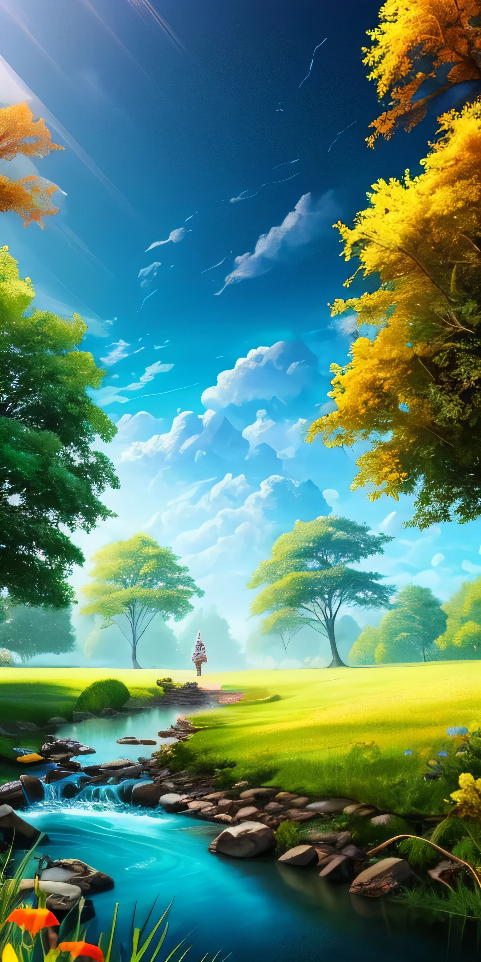 masterpiece, 最high quality, high quality, Very detailed CG unity 8k wallpaper, With vibrant colors and bright skies、an extremely colorful and pure fantasy environment, Bright green grass landscape, colorful trees々, Shining Fruit, Bright blue flowers. The stream is a deep blue color, The air is filled with sweet exotic scents. The environment looks like something out of a dream,  Award-winning photography, Bokeh, Depth of written boundary, High resolution, bloom, chromatic aberration ,Realistic,Very detailed, Trending on Artstation, Trending on CGSociety, Complex, Attention to detail, dramatic, art：mid journey