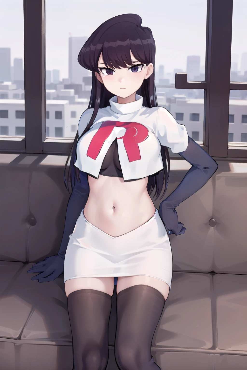 masterpiece, best quality, 1girl, solo, komi-san wa komyushou desu, looking at viewer, team rocket,team rocket uniform,white skirt,red letter R,crop top,black thigh-highs, cowboy shot 