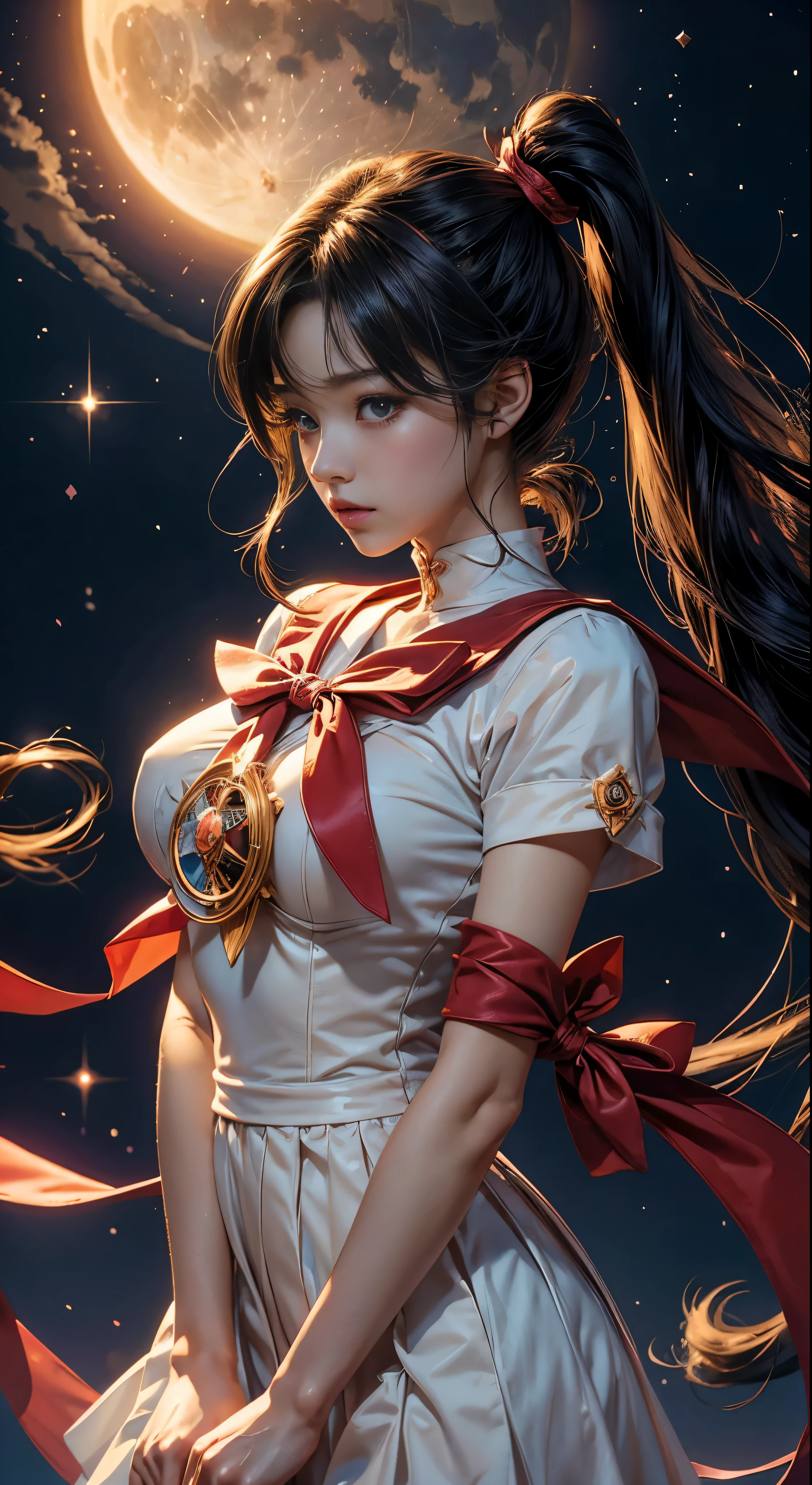 masterpiece、highest quality、Ultra-high resolution、Beautifully detailed hair reminiscent of Sailor Moon's iconic twin tails、Perfection personified、anime、Japan、Attractive and ever-popular characters、Elegant sailor suit、Red ribbon、Moon Symbol、Soft look、Enchanting、Akira Toriyama、Naoko Takeuchi、Or the artistic mastery of Yoshihiko Ike、Creates a magnetic aura、A true testament to the magic of anime storytelling。