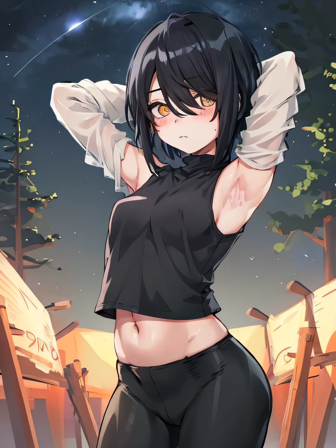 nayuta, 1girl, solo, black t-shirt, long sleeves, collarbone, navel, ringed eyes, red eyes, hair between eyes, short hair, black hair, looking at viewer, arms behind head, closed_mouth, night sky, forest, spread armpits, contrapposto, (cowboy shot:1.5), blush, expressionless,