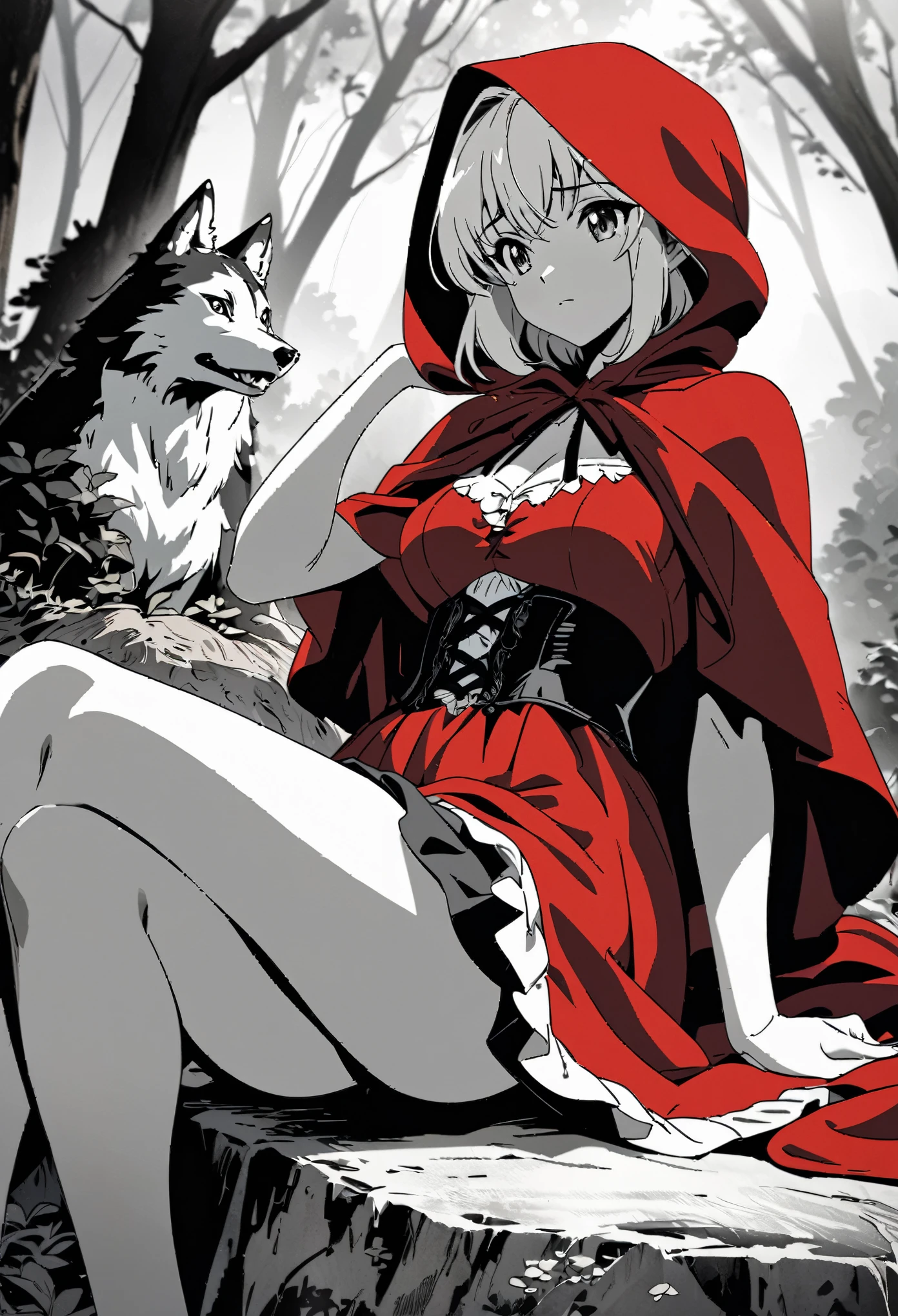 top quality, best quality, highres, unparalleled masterpiece, perfect artwork, paid reward available, anime girl in red riding hood sitting on rock in forest, an anime drawing by Shitao, pixiv, fantasy art, grayscale phtoto with red dress, red riding hood, dressed in a beautiful red cloak, wolf, little red riding hood, thief red riding hood, beautiful anime art style, high quality anime art, high quality anime artstyle, at pixiv, monochrome,