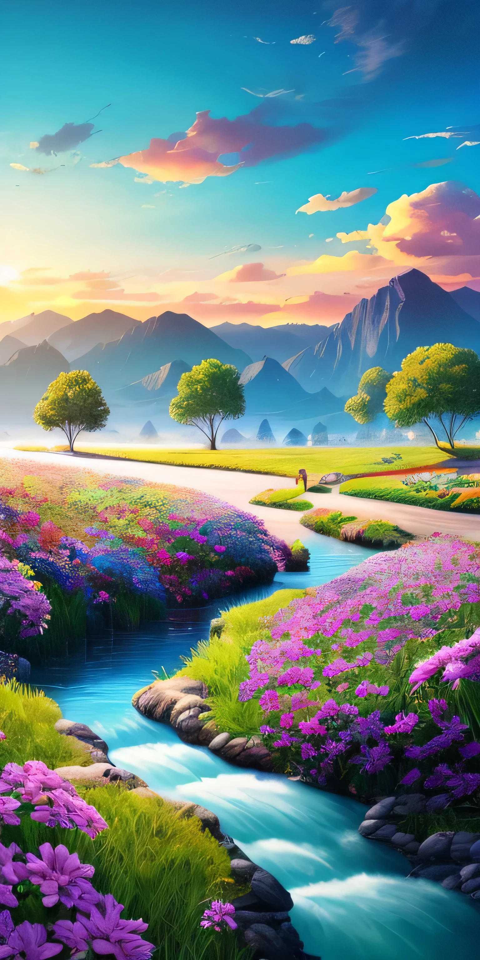 masterpiece, 最high quality, high quality, Very detailed CG unity 8k wallpaper, With vibrant colors and bright skies、an extremely colorful and pure fantasy environment, Bright green grass landscape, colorful trees々, Shining Fruit, Bright blue flowers. The stream is a deep blue color, The air is filled with sweet exotic scents. The environment looks like something out of a dream, Award-winning photography, Bokeh, Depth of written boundary, High resolution, bloom, chromatic aberration ,Realistic,Very detailed, Trending on Artstation, Trending on CGSociety, Complex, Attention to detail, dramatic, art:mid journey