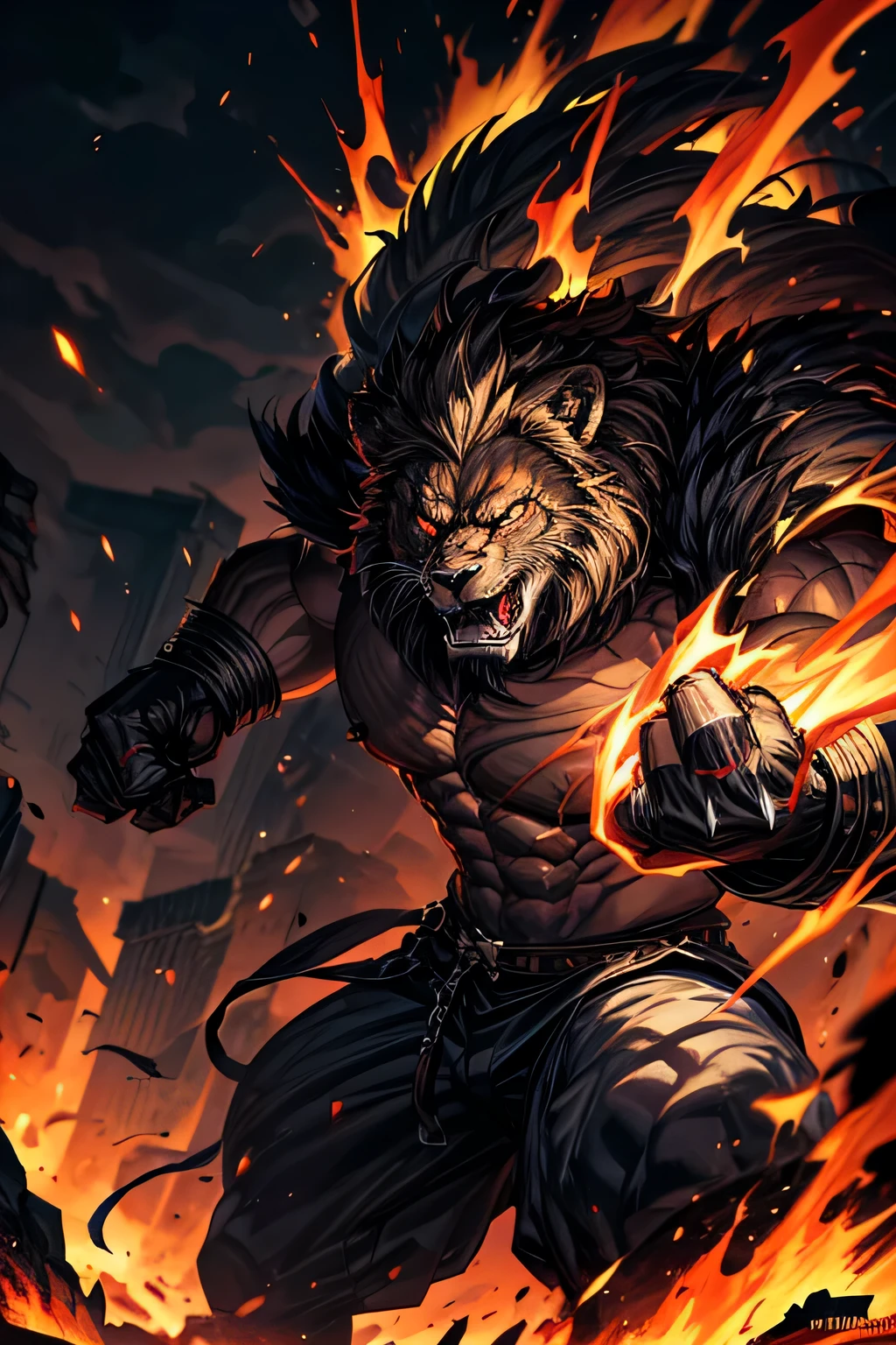 muscular, male, bodybuilder, (bust up), (lion head: 1.0), [photorealistic:1.37],furry,detailed,aggressive stance,menacing expression,large muscular body,sharp fangs,powerful claws,burning red eyes,smoke and debris,ruins and crumbling buildings,enormous shadow looming,vivid colors,strong lighting,ominous atmosphere,terrifying creature,