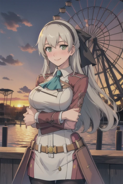 masterpiece, highest quality, Ellie McDowell, Green Eyes, Big Breasts,hair band, Blue Ascot, Hair Ribbon, Long sleeve, belt, pantyhose, Cowboy Shot, amusement park, smile, Arms crossed, Blushing, sunset, Ferris wheel