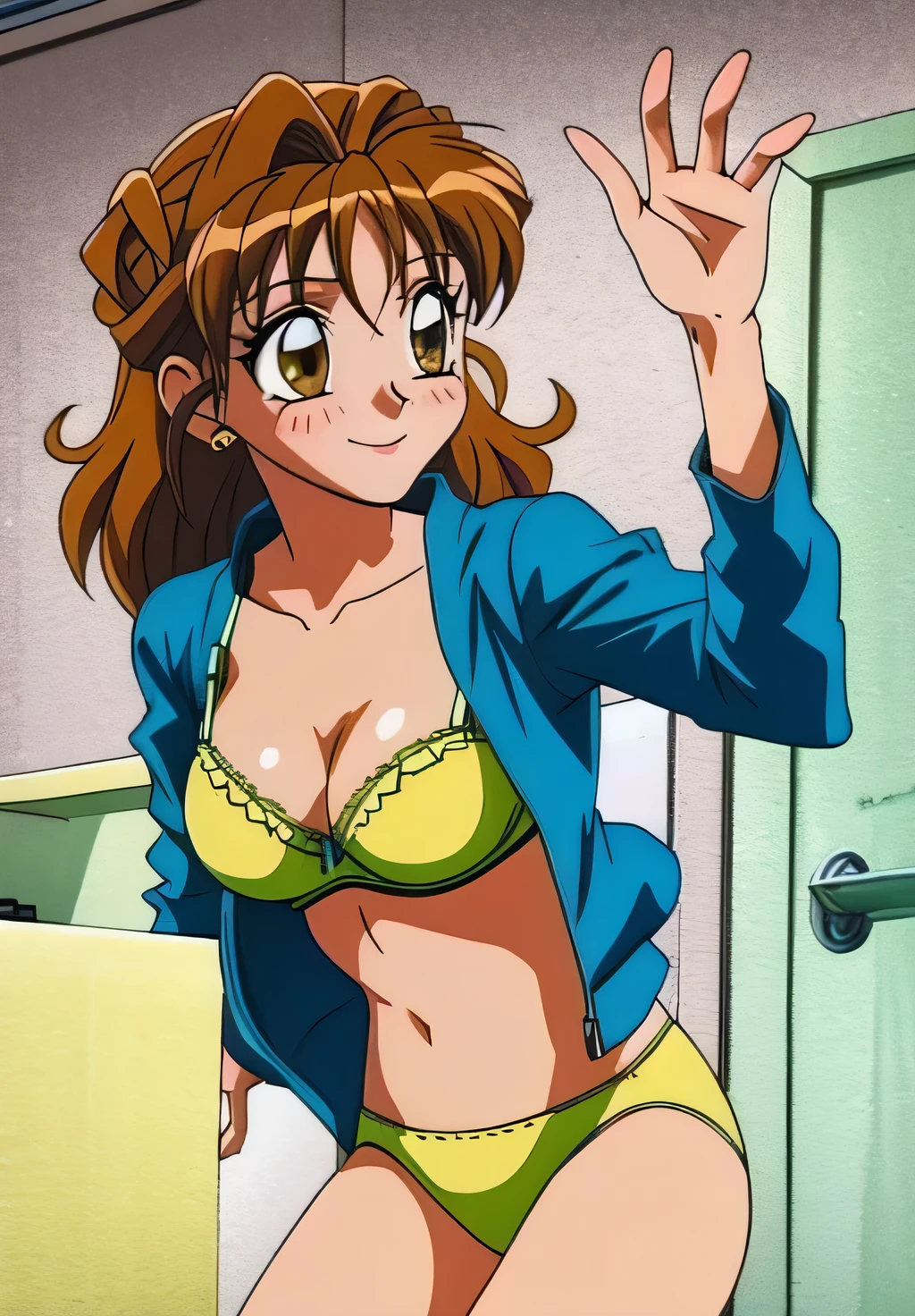 Maron,(((underwear))),(((yellow bra))),((((yellow braを外す)))),(((Take off))),pupil_Brown,blush,Embarrassing,smile,Washroom,Maron_Change clothes,masterpiece, expensive quality, very_expensive_solve, big_file size, Full Color,