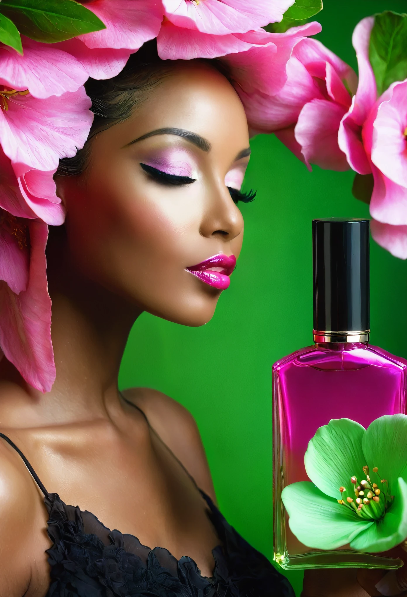 ebony woman with a pink flower in her hair and a green perfume bottle, foto de retrato, carregando um frasco de perfume, flutuando em perfume, Linda mulher, Fechar retrato, alta costura floral, beleza de cair o queixo, lindo woman, campanha de beleza, close foto de retrato, lindo look, beleza maravilhosa, beleza estonteante, cheirando bem, deusa das flores, lindo, mulher