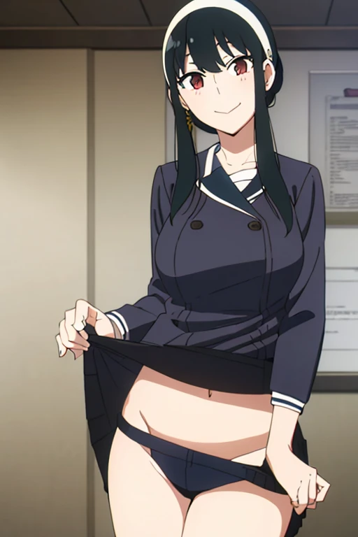(masterpiece, highest quality: 1.2), alone, 1 girl, alone, panties,,black,Sailor suit,blazer,your heather, smile, Mouth closed, View your viewers, Long black hair, head band, Earrings, Big Breasts, Medium Waist, Medium Hips, wide thighs, Embarrassing, Charm, smiling with her Mouth closed, Good move.., Excellent anatomy,panties,classroom,,Sailor suit,blazer,skirt, (((skirtめくり, I can see your pants))),