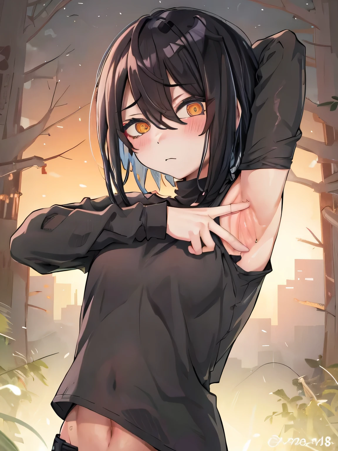 nayuta, 1girl, solo, black t-shirt, long sleeves, collarbone, navel, ringed eyes, red eyes, hair between eyes, short hair, black hair, looking at viewer, arms behind head, closed mouth, night sky, forest, spread armpits, contrapposto, upper body, blush, expressionless,