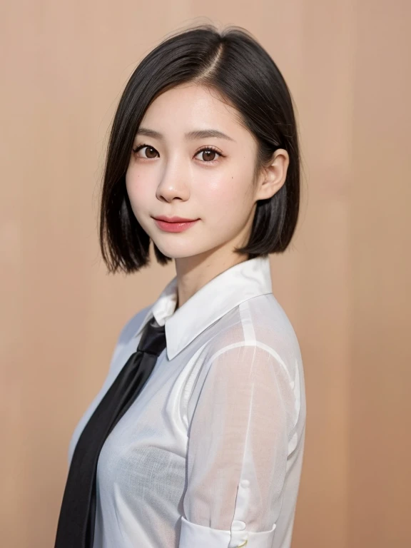 (kawaii 14 year-old Japanese girl, Nogizaka idol, Korean idol), (glossy black hair, very short hair, pixie cut:1.3), (rounded face, black eyes, single eyelid, no makeup, soft smiling:1.2), (wearing silky white collared shirt, necktie:1.3), (flat chest, extra small breasts:0.8), (looking at viewer:1.2), BREAK, (sunny day outside background:1.3), (view from forward, portrait, close shot:1.3), BREAK, (masterpiece, best quality, photo realistic, official art:1.4), (UHD, 8K quality wallpaper, high resolution, raw photo, golden ratio:1.2), (shiny skin), professional lighting, physically based rendering, award winning, (perfect anatomy, highly detailed skin, extremely detailed face and eyes), Carl Zeiss 85 mm F/1.4, depth of field, 1girl, solo,