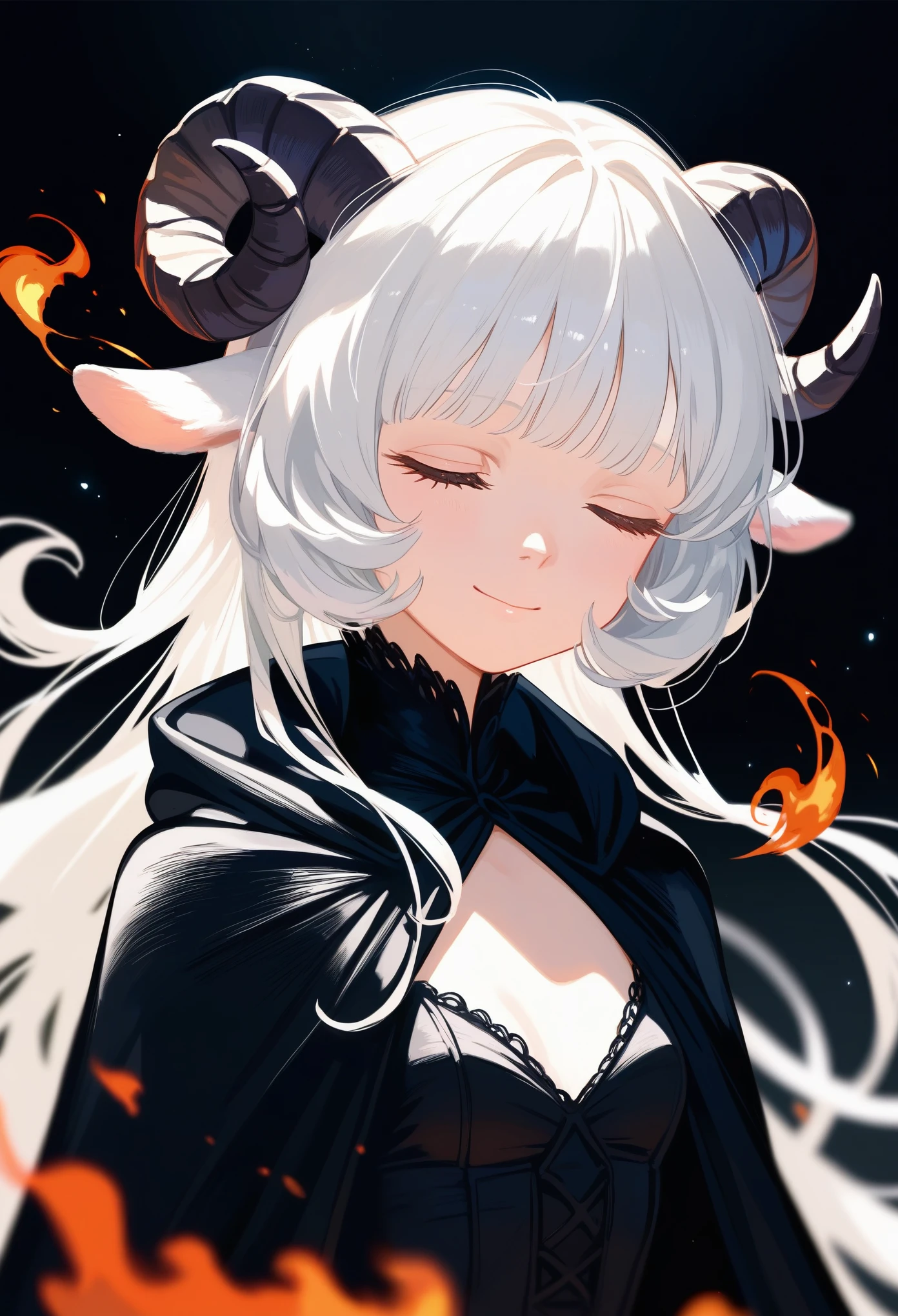 (score_9, score_8_up, score_7_up), 1girl, solo, sheep horns, curled horns, black horns, white sheep ears, white hair, long hair, hime cut, long bangs, sheep horns, curled horns, closed eyes, small smile, sleepy, small breasts, standing, wearing a white hooded cultist cloak, hood off, black victorian dress beneath, black background, simple background, surrounded by fire, depth of field, sharp focus, upper body, highres, detailed, best quality, masterpiece,