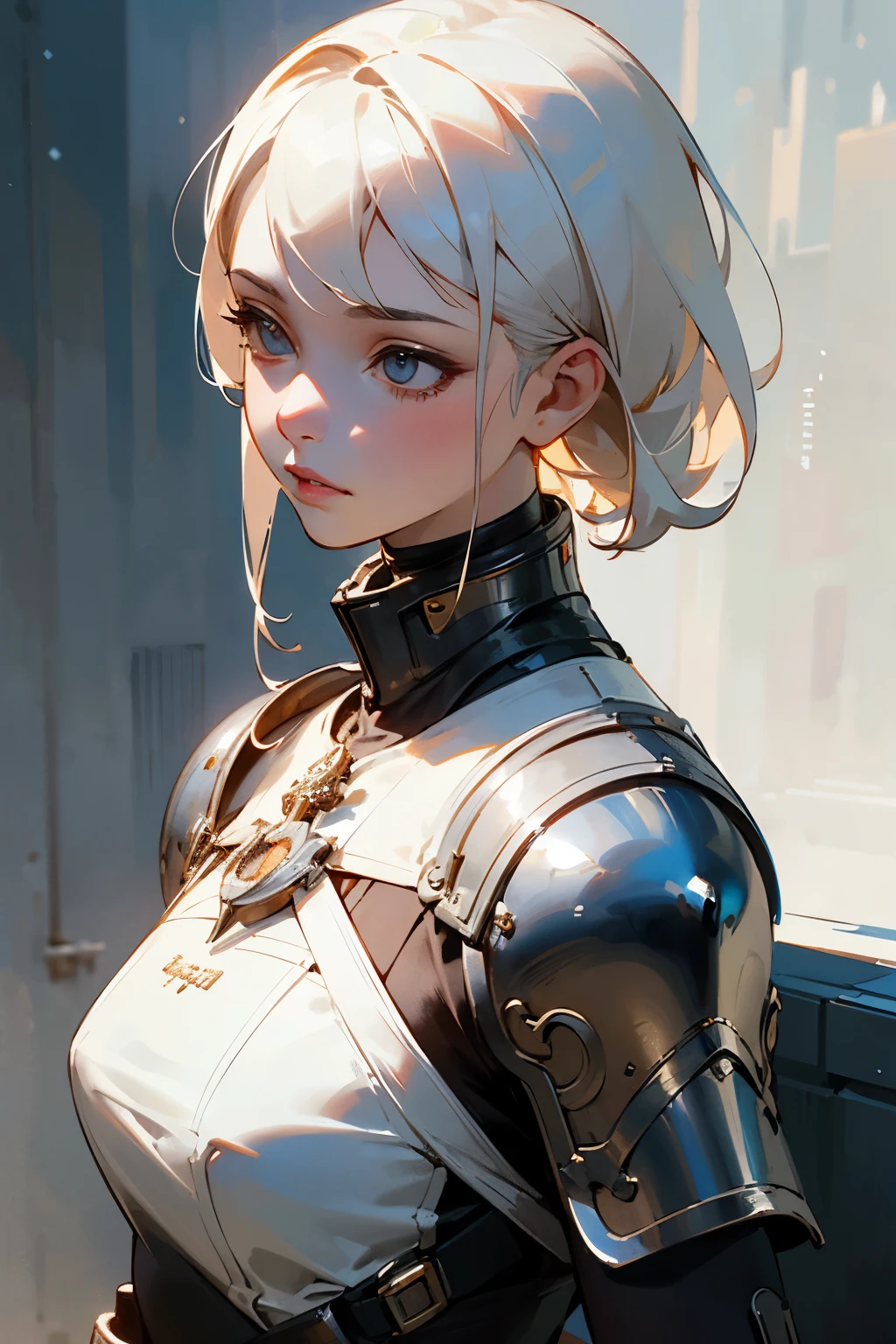 (1 Girl:1.3), Solitary, __body parts__ Delicate and realistic skin, Pale skin,official art, Unity 16k HD wallpaper, Ultra Detailed, beauty and aesthetics, beauty, masterpiece, best quality, In cyberpunk city background, wonderful atmosphere, Calming color palette, A calm mood, Soft shadows,Dressed in European medieval armor, charm,Charming