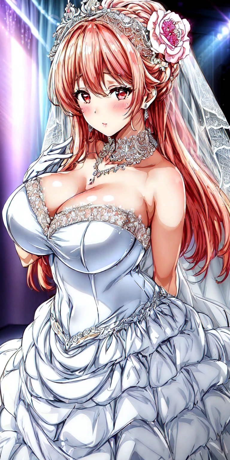 Close-up of beautiful bride wearing beautiful wedding dress,Gurwitz,(bridal veil:1.5),(Transparent short veil:1.5),Blushing face,Head flower,headgear,(tube top wedding dress:1.5),(Silk dress:1.2),(Strapless wedding dress:1.5),pure white dress,necklace,earrings,(large breasts:1.3),Deep V peach heart collar wedding dress,Bangs,lipstick,(lace gloves:1.3),whole body照,High detail RAW color art,Long white dress,whole body,Place your hands behind your back,