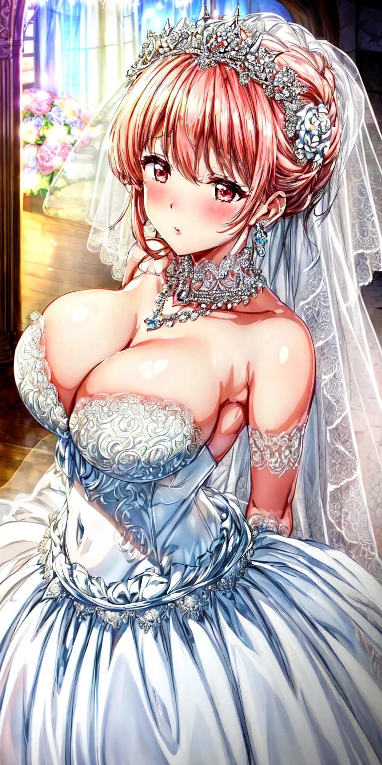 Close-up of beautiful bride wearing beautiful wedding dress,Gurwitz,(bridal veil:1.5),(Transparent short veil:1.5),Blushing face,Head flower,headgear,(tube top wedding dress:1.5),(Silk dress:1.2),(Strapless wedding dress:1.5),pure white dress,necklace,earrings,(large breasts:1.3),Deep V peach heart collar wedding dress,Bangs,lipstick,(lace gloves:1.3),whole body照,High detail RAW color art,Long white dress,whole body,Place your hands behind your back,