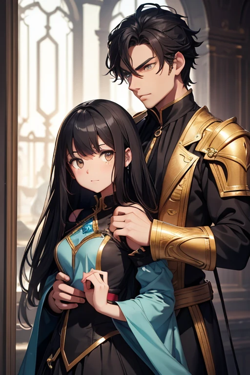 A man is holding a teenage girl from behind. They are wearing fantasy uniforms. the girl hates the man. Golden eyes and black hair.