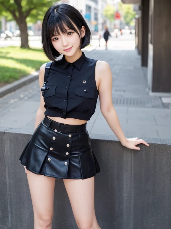 ((Whole body 1.4))((masterpiece)), ((best quality)), (ultra-detailed), ((kawaii)), cute, (lovely), realistic, real, full body, In town, daytime, a cute girl, 1girl, solo, beautiful black hair, beautiful black eyes, ((beautiful eyes)), short hair, ribon, smile,Policewoman、Ultra Mini Skirt、Bare legs,,Small breasts,Dynamic pose